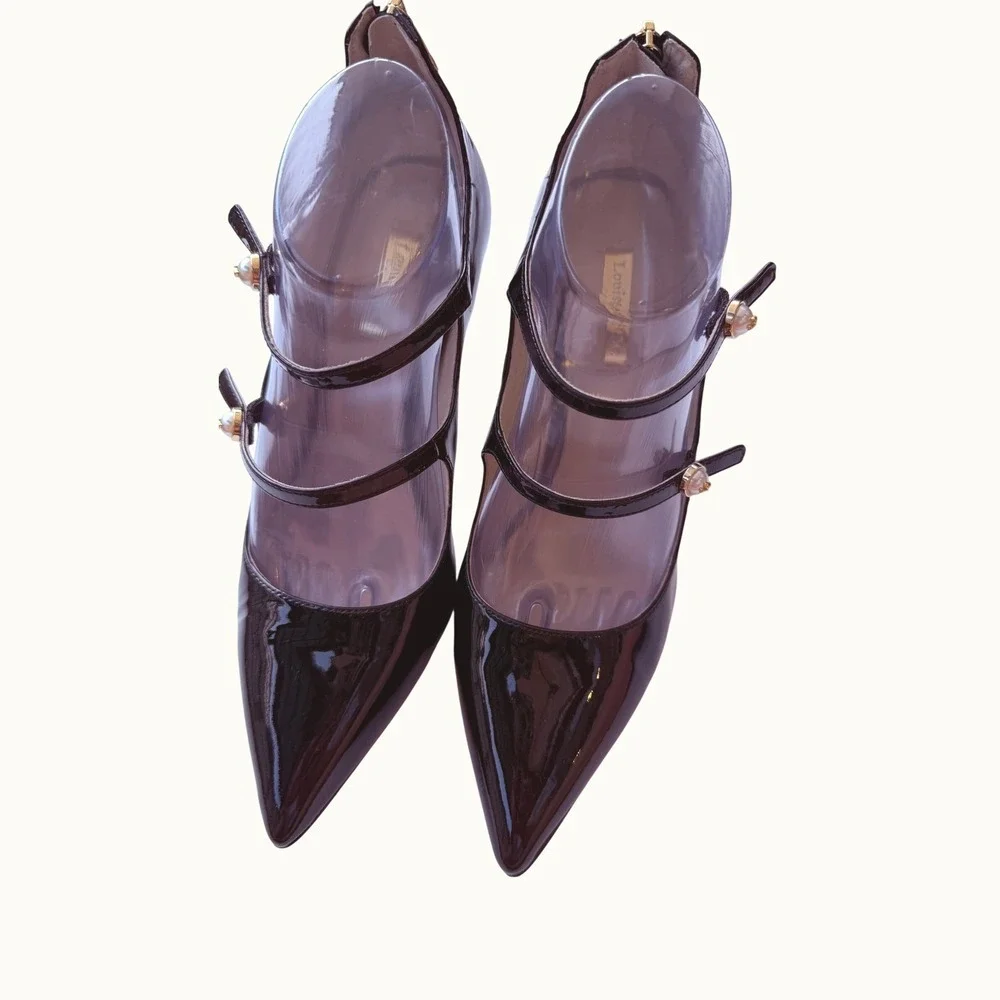 Louise et Cie Womens Patent Leather Multi Strap Pearl Mary Jane Pumps Black 9.5M